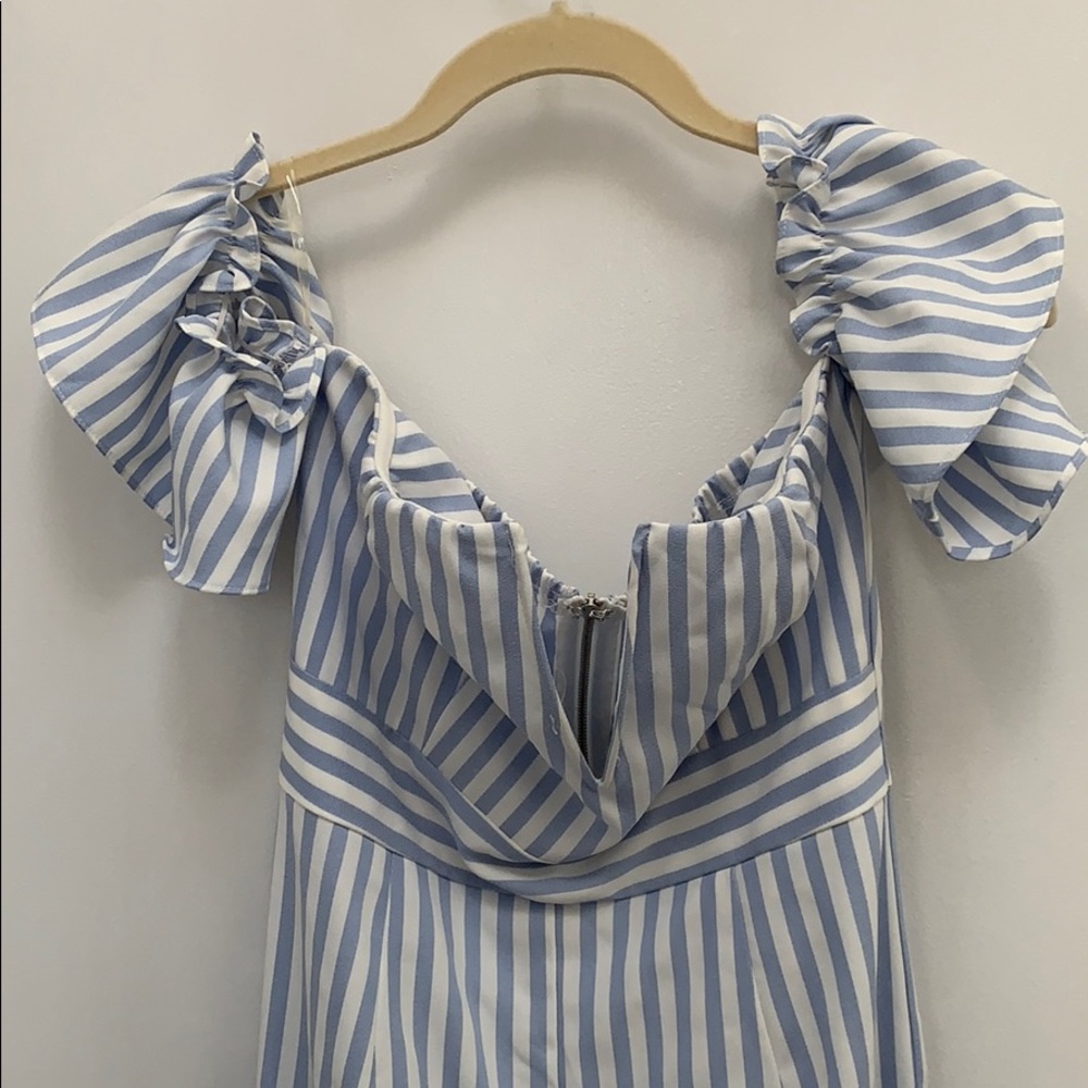Blue striped plunge neck jumpsuit